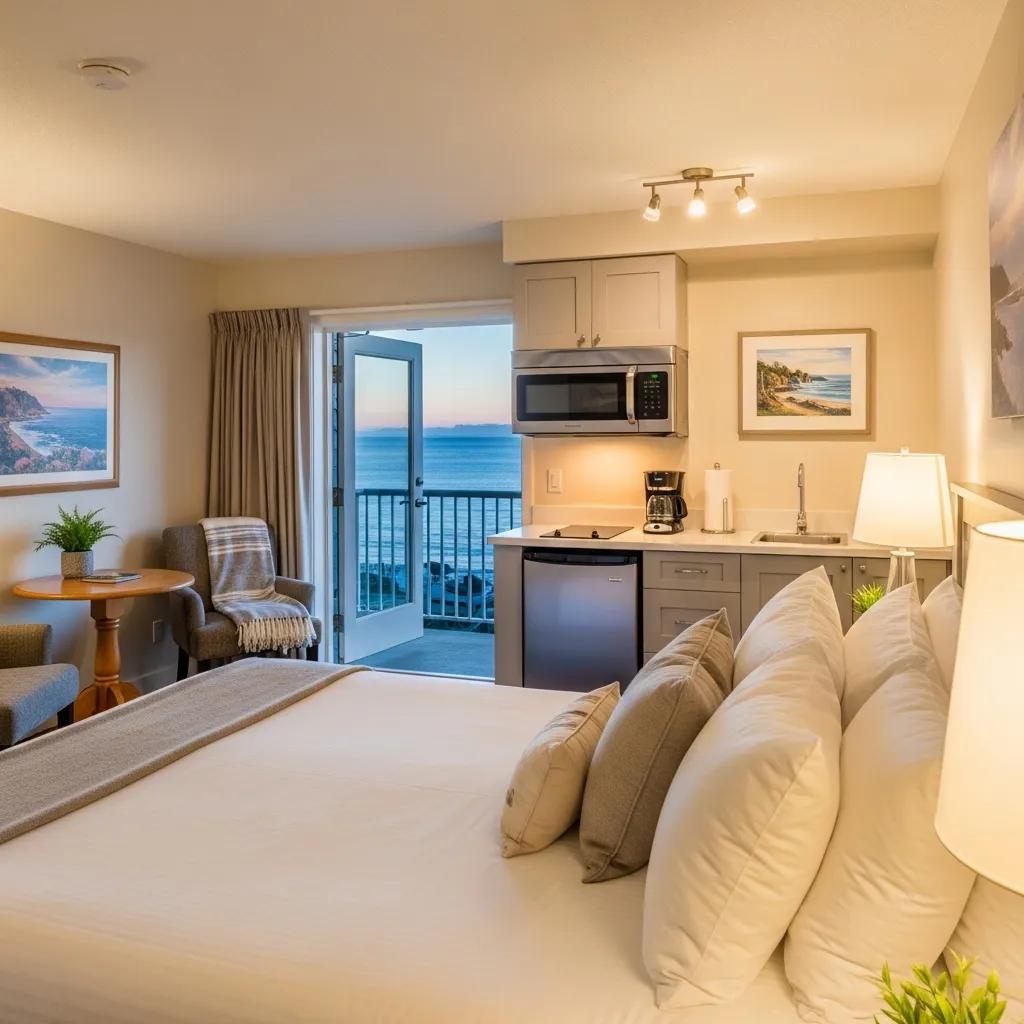 Cozy ocean view suite at Qualicum Breeze Resort with balcony