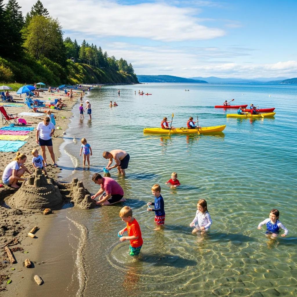 Families engaging in beach activities at Qualicum Beach, including swimming and kayaking