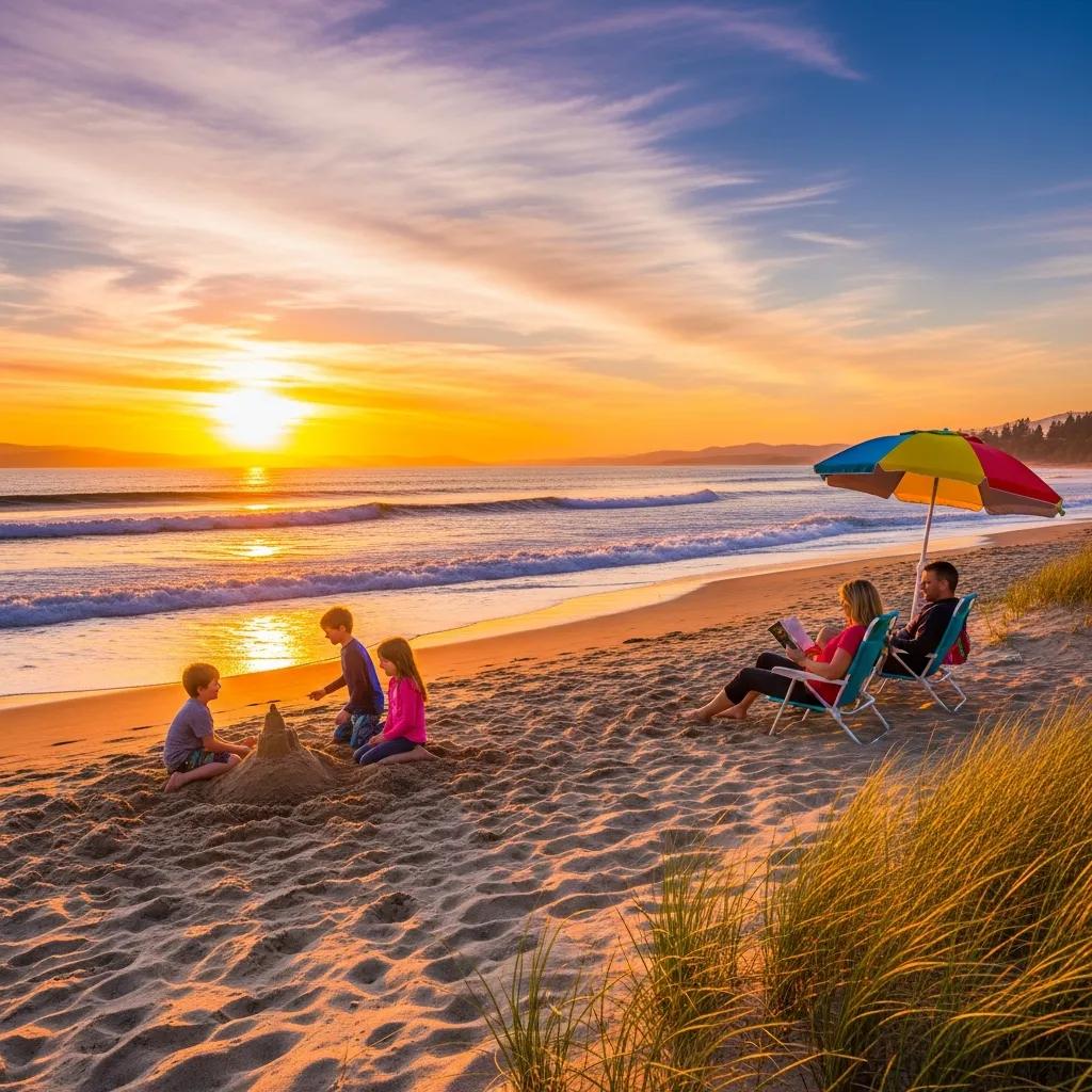 Qualicum Beach sunset with families enjoying the sandy shore