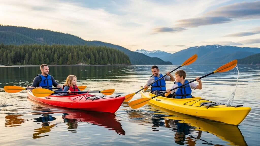Family kayaking in Comox Harbour with beautiful coastal scenery