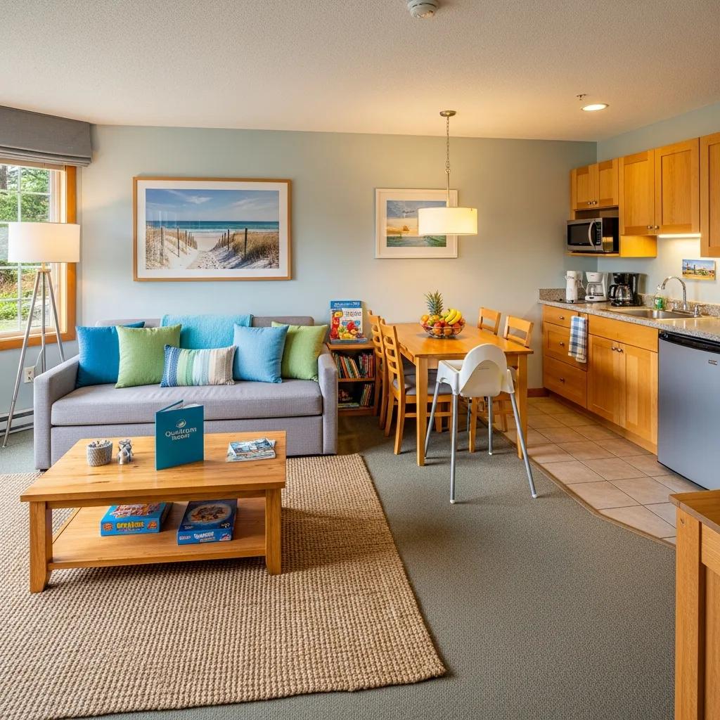 Interior of a family suite at Qualicum Breeze Resort with cozy amenities