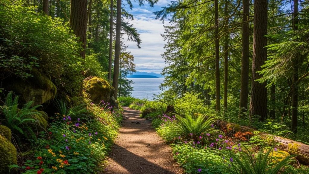Scenic nature trail near Qualicum Breeze Resort with lush greenery