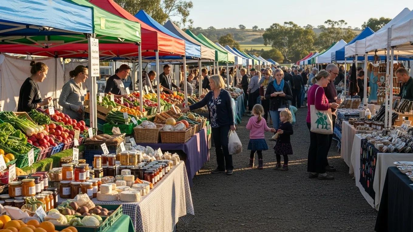 Vibrant farmers market in Errington with fresh produce and local crafts
